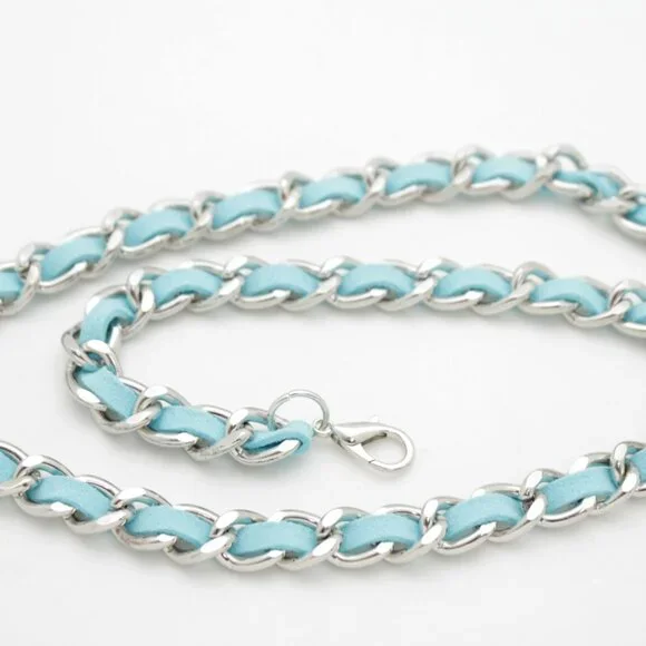 Women Skinny Silver Metal Chain Link Belt Turquoise Blue Waistband Size M L XL - Picture 13 of 17